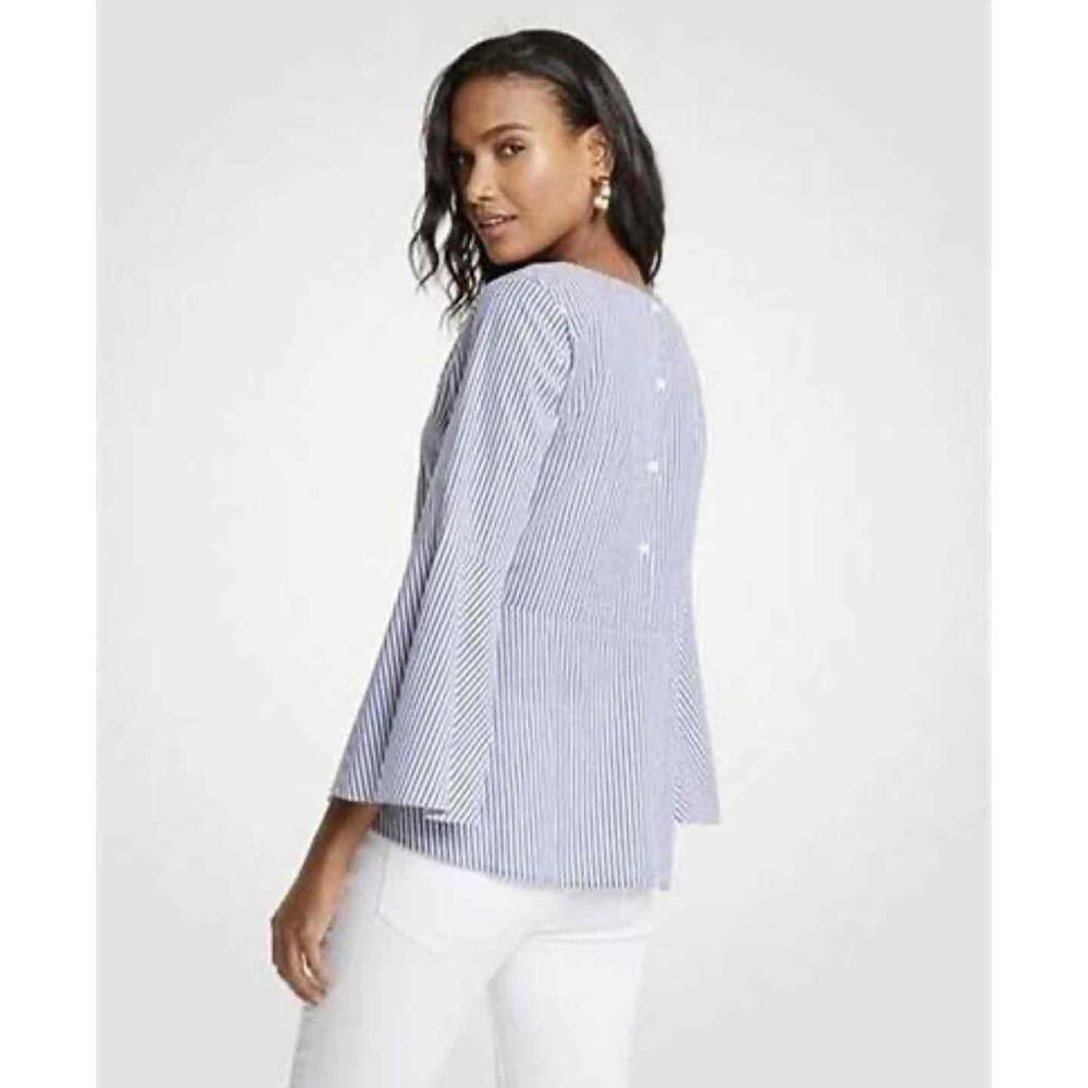 Ann Taylor NWOT Stripe Poplin Fluted Sleeve Top In Blue/White Stripe-Size Medium